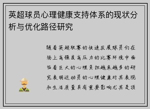 英超球员心理健康支持体系的现状分析与优化路径研究